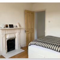 room with antique fireplace an double bed