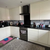 Modern well equipped kitchen and dog bowl with blanket nearby