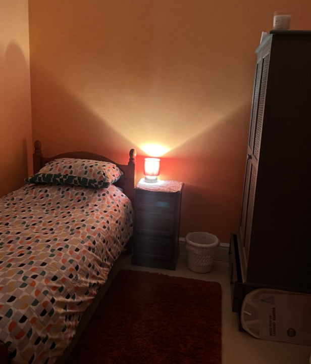 Cosy lit single rom with orange coloured walls