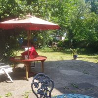 View of garden with red sun umbrella